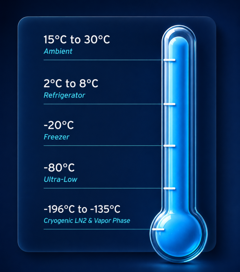 Biorepository storage temperatures from ambient to cryogenic liquid nitrogen