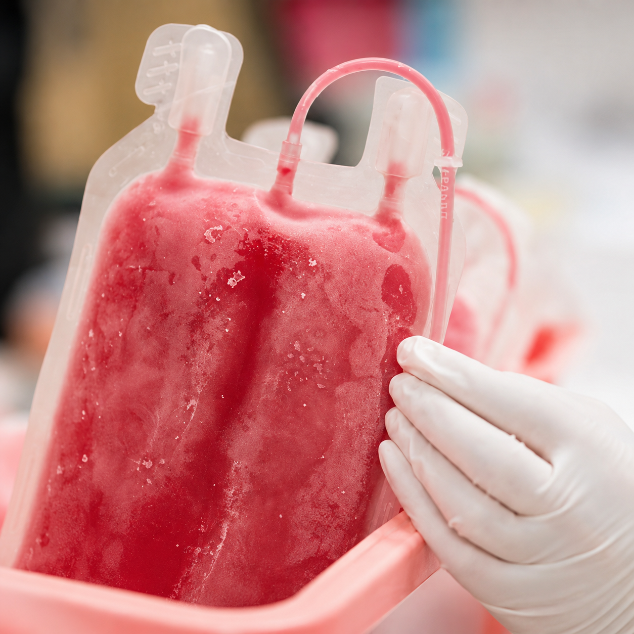 Frozen blood product bag prepared for controlled clinical storage
