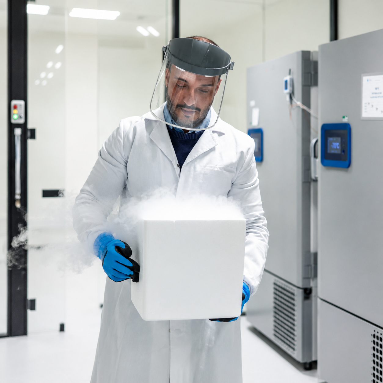 Laboratory technician transporting temperature-sensitive clinical samples