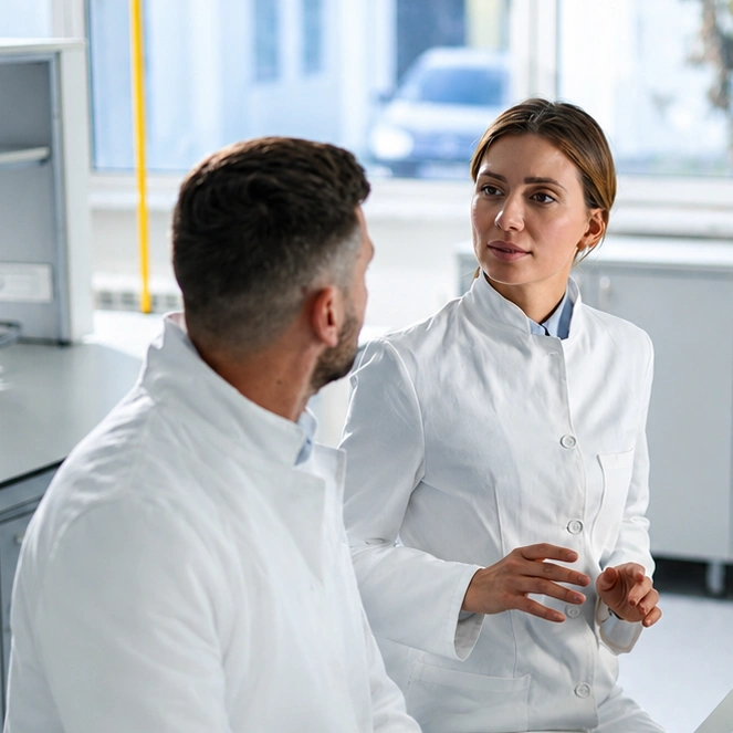 Cell therapy scientists discussing validation study results
