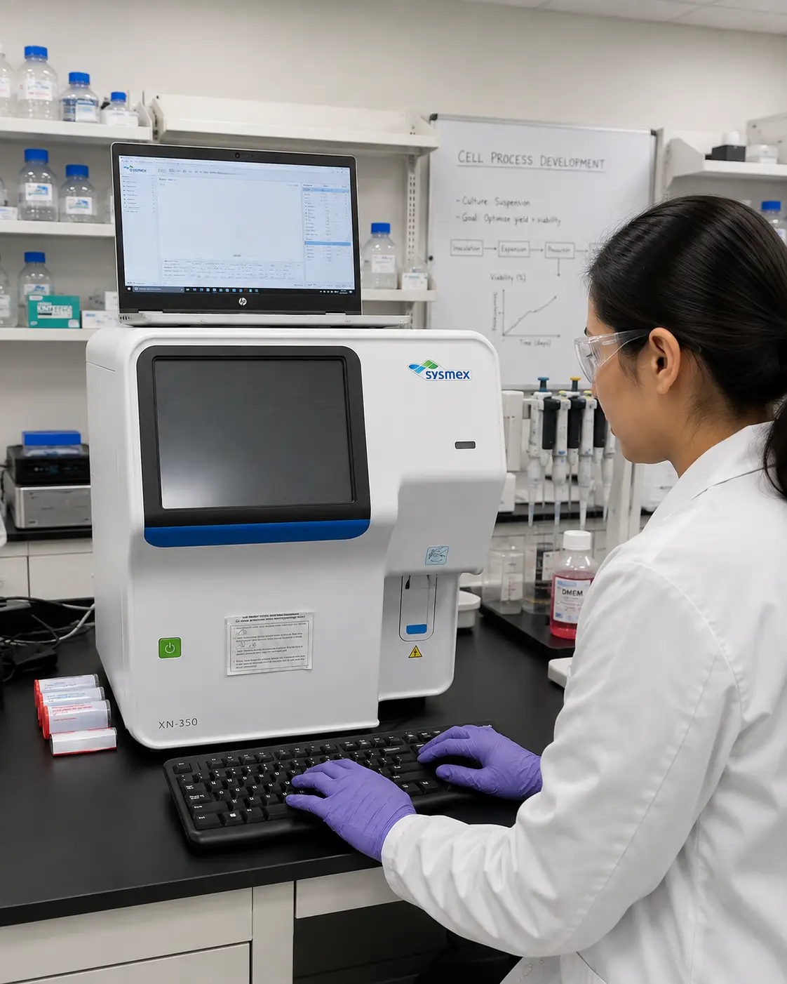 Scientist operating a Sysmex XN-350 analyzer during cell therapy process development