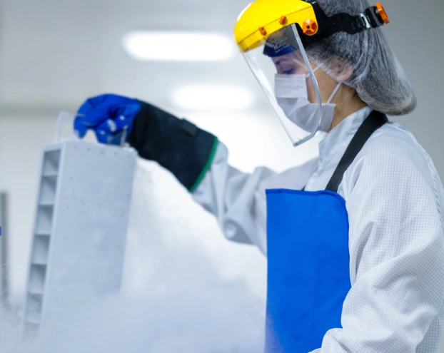 Technician handling therapeutic cell products in cryogenic storage